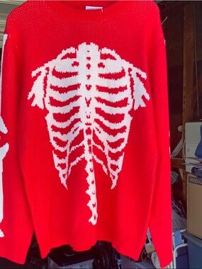 Men's Red Crewneck Sweater with White Skeleton Intarsia